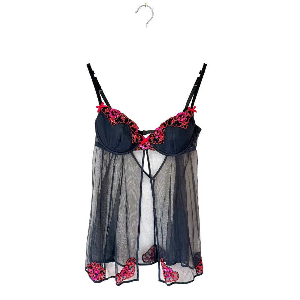 Vintage 2003 Victorias Secret Black Sequin Embroidered Babydoll Chemise 36C